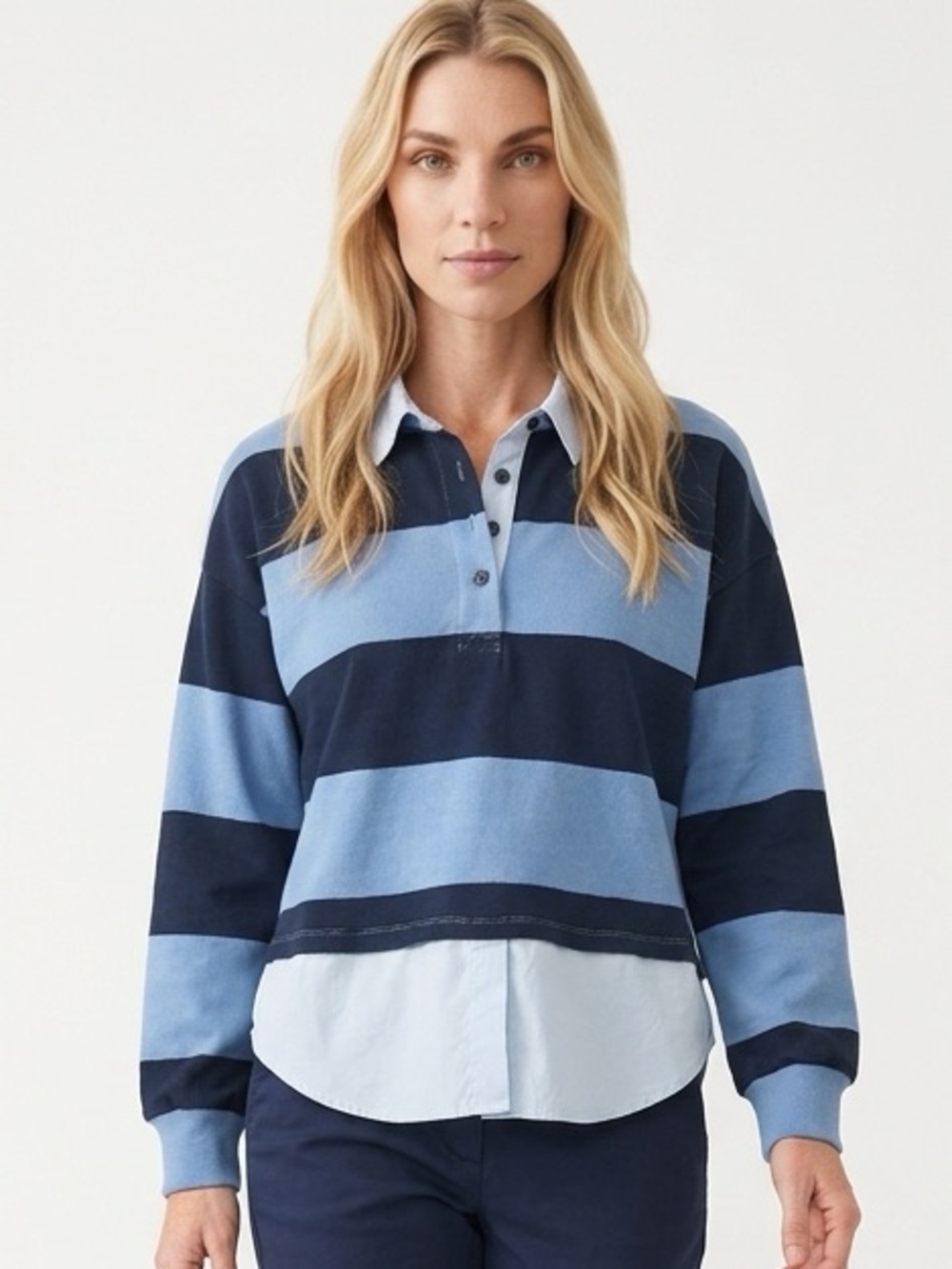 Blu Pepper Blue and Navy Striped Rugby Polo with button down shirt detail under